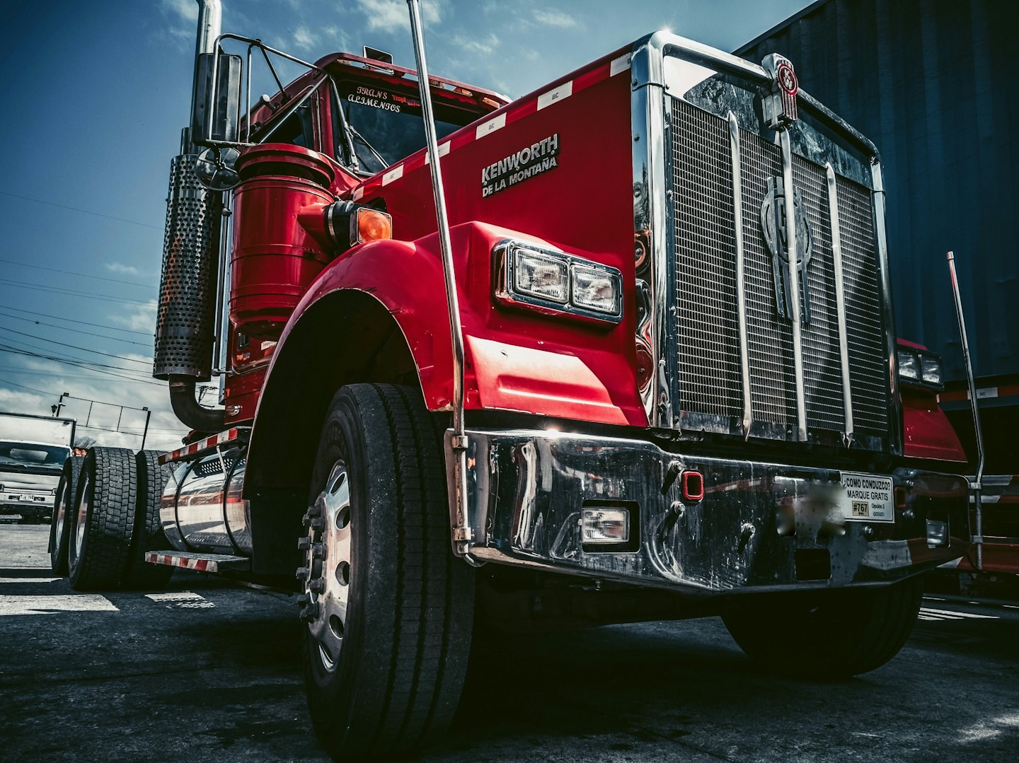 Red semi-truck close up